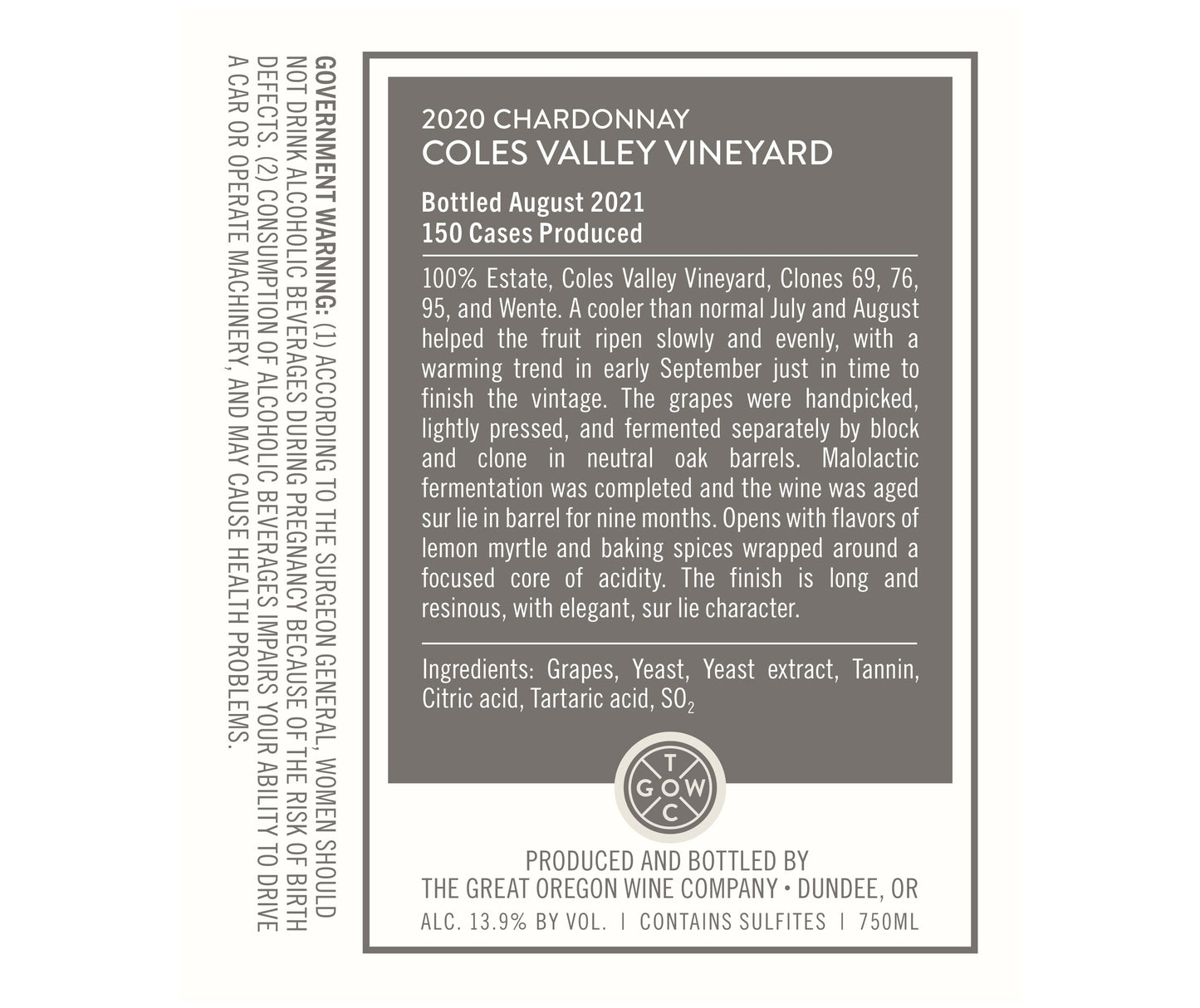 2020 GOWC Coles Valley Vyd Umpqua Valley Chardonnay